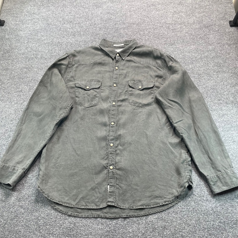 Lucky Brand Western Shirt Men's L Gray 100% Linen Snap Front Classic Fit